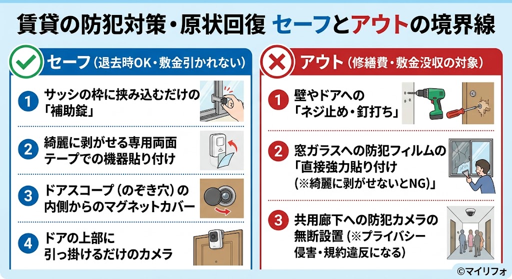 『賃貸の防犯対策・原状回復 セーフとアウトの境界線』と題された比較図解。左の青い「セーフ(退去時OK・敷金引かれない)」側には、サッシ補助錠、剥がせる両面テープ貼り付け、ドアスコープカバー、ドア掛けカメラの4項目がイラスト付きで説明されている。右の赤い「アウト(修繕費・敷金没収の対象)」側には、ネジ・釘打ち、強力貼り付けフィルム、共用廊下への無断カメラ設置の3項目がイラストと警告アイコンとともに記載されている。右下に©マイリフォのロゴがある。