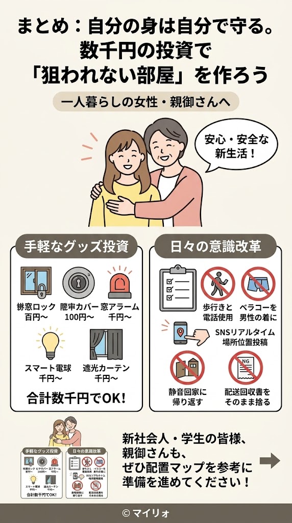 「まとめ:自分の身は自分で守る。数千円の投資で『狙われない部屋』を作ろう。一人暮らしの女性・親御さんへ」というタイトルの賃貸防犯対策まとめインフォグラフィック。上部には、笑顔の若い女性と高齢の女性(親子)が抱き合い、吹き出しに「安心・安全な新生活!」とあるイラスト。中央は2つのパネルに分かれている。左パネル「手軽なグッズ投資」には、掛窓ロック(百円~)、覗き穴カバー(100円~)、窓アラーム(千円~)、スマート電球(千円~)、遮光カーテン(千円~)のイラストと価格目安、そして「合計数千円でOK!」のテキスト。右パネル「日々の意識改革」には、歩きスマホ、ベランダへの男性下着干し、SNSリアルタイム投稿、静音帰宅、配送伝票そのまま捨てをNGとするチェックリストとアイコン。下部には新社会人・学生・親御さんへのメッセージ、矢印、縮小された配置マップ、クレジット「© マイリフォ」。賃貸住宅や一人暮らしを始める女性に向けた実用的な防犯アドバイスのまとめ。