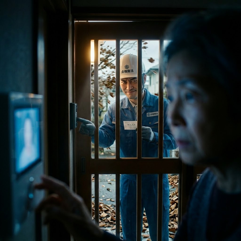 自宅のインターホンモニターを操作して外を伺う高齢の日本人女性。玄関の格子戸の外には、青い作業服と「点検商法」と書かれた白いヘルメットを身につけた笑顔の男性作業員が立っており、インターホンのカメラを指差しながら名刺のような紙を差し出している。背景には落ち葉が舞う夕方の庭が見え、不審な訪問点検の様子を表現している。