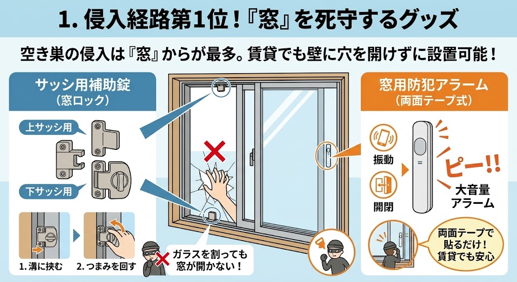 窓の防犯グッズを紹介するインフォグラフィック。左側にはサッシ用補助錠(窓ロック)の取り付け方法(溝に挟んでつまみを回す)と、ガラスを割られても窓が開かない効果、右側には両面テープで貼るだけの振動・開閉感知式「窓用防犯アラーム(大音量)」が描かれている。「賃貸でも安心」と記載。