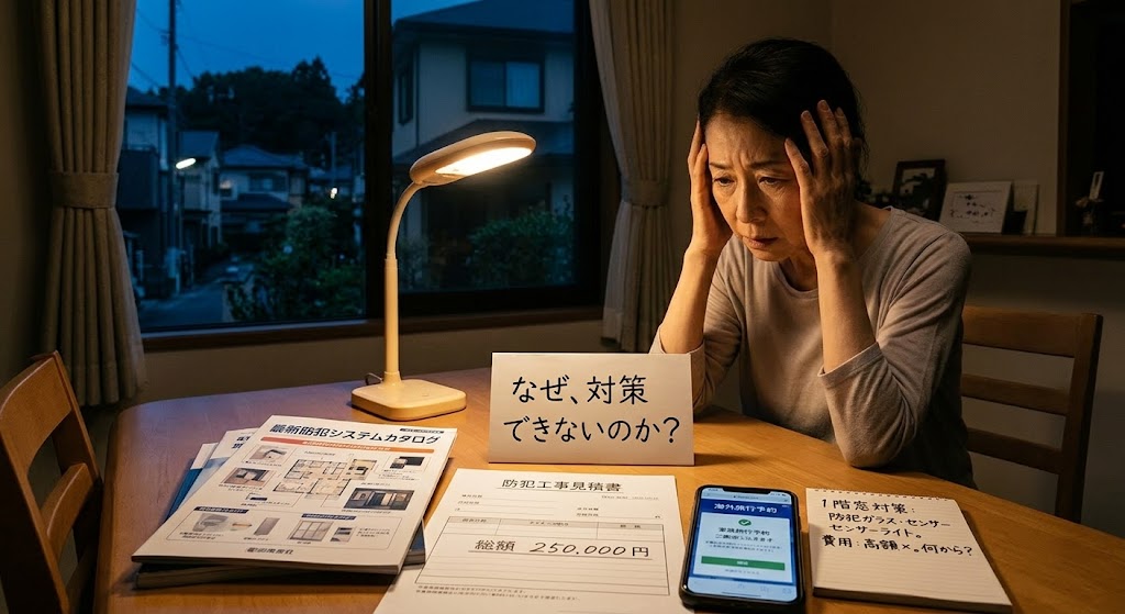 夜の自宅で、デスクライトに照らされたテーブルに座り、頭を抱えて悩む日本人の中高年女性。彼女の前には「なぜ、対策できないのか?」と書かれたメッセージカード、総額250,000円の防犯工事見積書、防犯システムのカタログ、防犯アプリが表示されたスマートフォン、そして「費用:高額×。何から?」と手書きされたメモ帳が置かれている。窓の外は暗い住宅街。防犯対策の費用と何から始めるべきかについて圧倒されている様子。