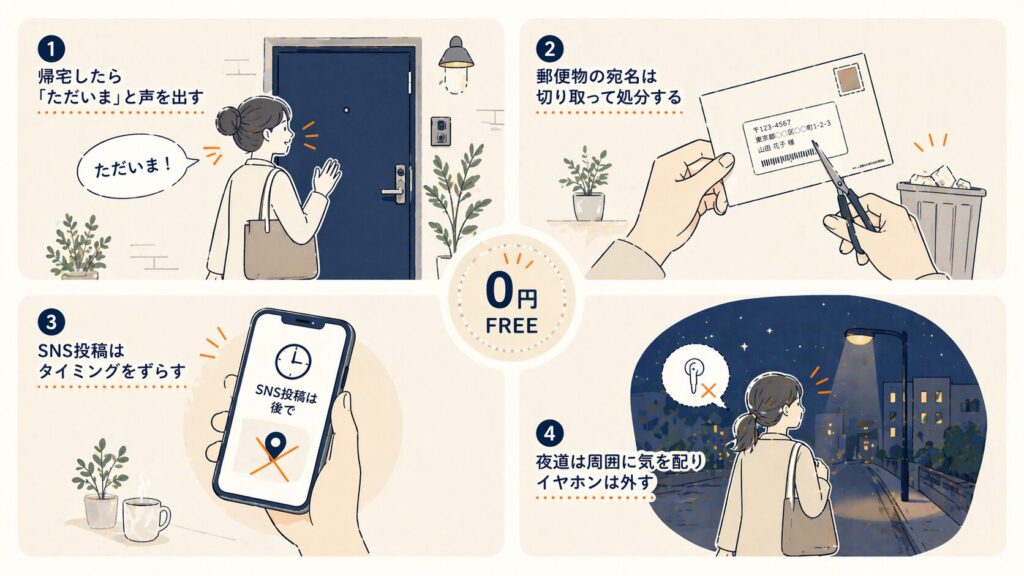 一人暮らし女性が0円でできる防犯習慣（帰宅時の声かけや郵便物処理やSNS投稿タイミングや夜道の注意）を示すイラスト

