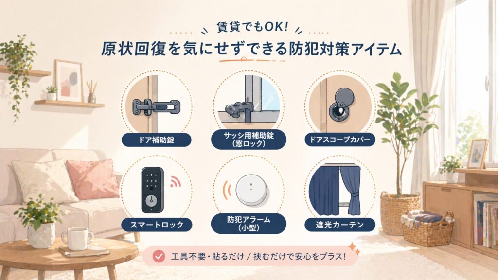 賃貸でも原状回復を気にせず設置できる防犯アイテム（補助錠やスマートロックや防犯アラームなど）を紹介するイメージ
