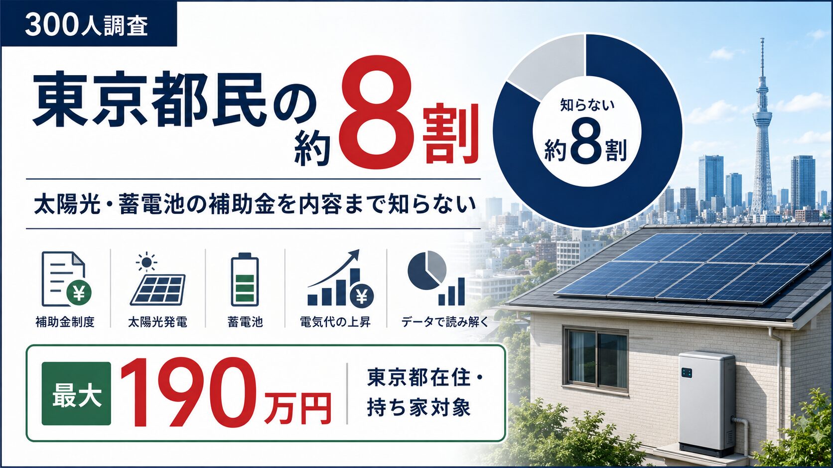 東京都在住・持ち家300人調査で、太陽光発電・蓄電池の補助金を内容まで知らない人が約8割、最大190万円補助と電気代上昇を示すプレスリリース向けアイキャッチ画像